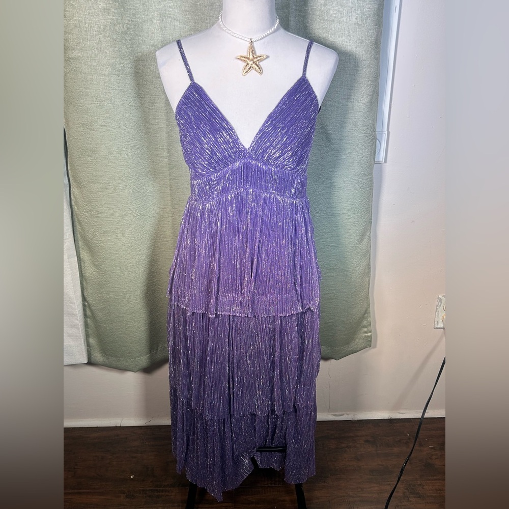Purple Metallic Tiered Spaghetti-Strap Dress